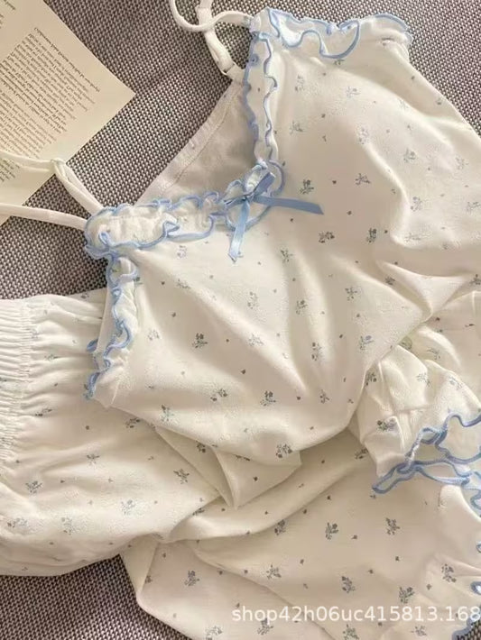 Soft Ice Silky Camisole and Shorts Set Sweet Sleepwear Breathable Summer