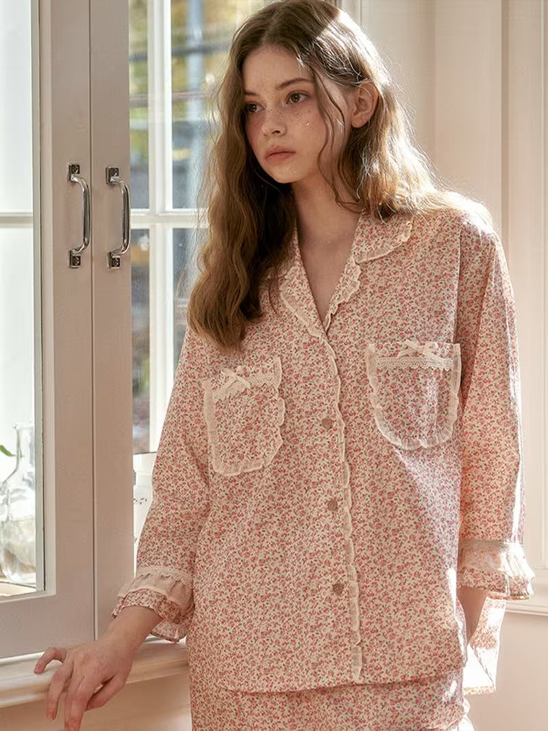 2026 Women's Spring and Autumn Full-Body Floral Print Long-Sleeve Long-Pants Casual Elegant Homewear Set with Collared Lace Cardigan and Buttons, Fashionable Trendy Pajamas and Sleep Pants 2pcs Set