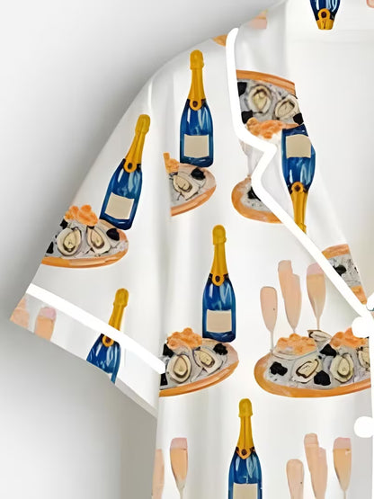 Champagne Ode Party Print Short-Sleeve Buttoned Shirt And Shorts Set, Festive Blue And Golden Wine Bottle And Clam Set Two-Piece Women'S Pajamas