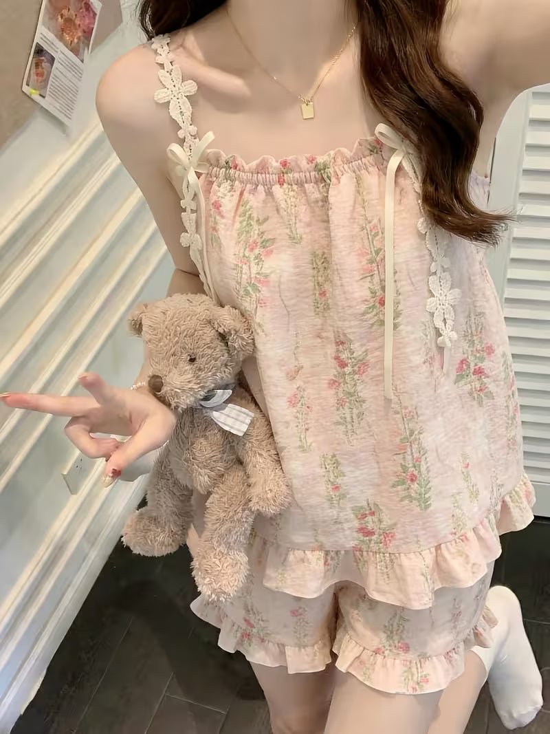 Sweet Style Floral Camisole Shorts Pajamas for Women, Summer Sexy Small Floral Print Loungewear Set with Padded Bra