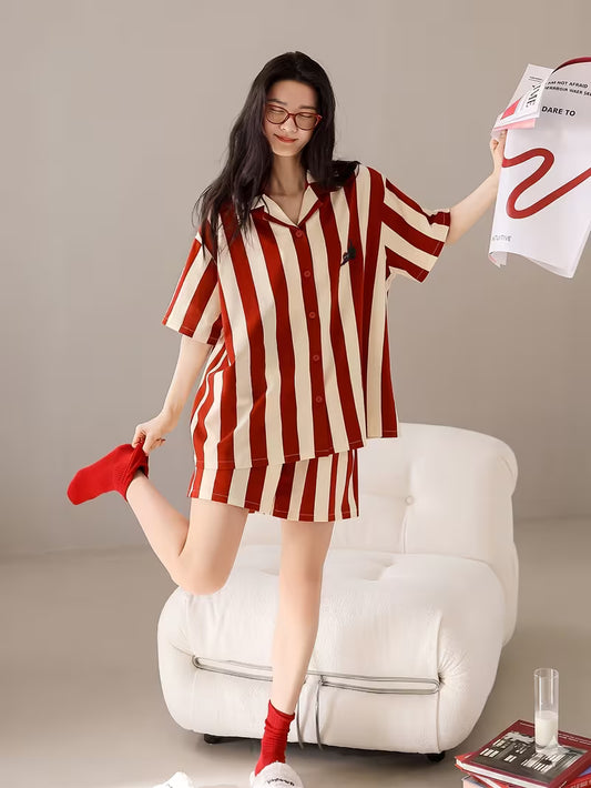 Fashion Home Wear 2pcs Set Women'S Lapel Retro Striped Print Button-Up Cardigan Short Sleeve Shorts Pajama Set Soft Comfortable Casual Trendy All-Season Outwear Style