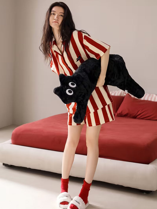 Fashion Home Wear 2pcs Set Women'S Lapel Retro Striped Print Button-Up Cardigan Short Sleeve Shorts Pajama Set Soft Comfortable Casual Trendy All-Season Outwear Style