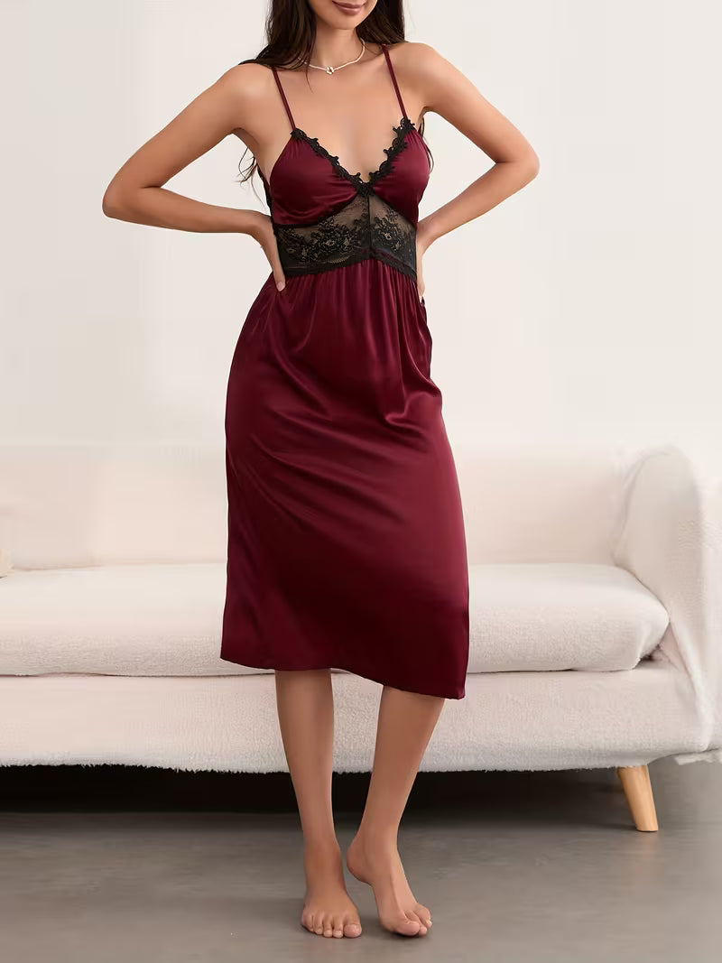 Women'S Summer Slip Sleep Dress Spaghetti Strap Loungewear Lace Patchwork Satin Lingerie