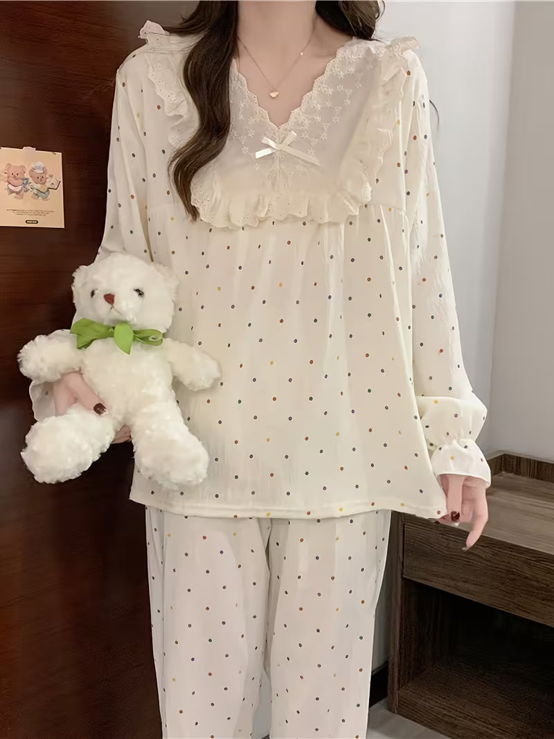 New Spring And Summer Women'S Pajamas Featuring a Cloud And Butterfly Collar Set, Korean Style Long-Sleeve Pullover with Small Polka Dots