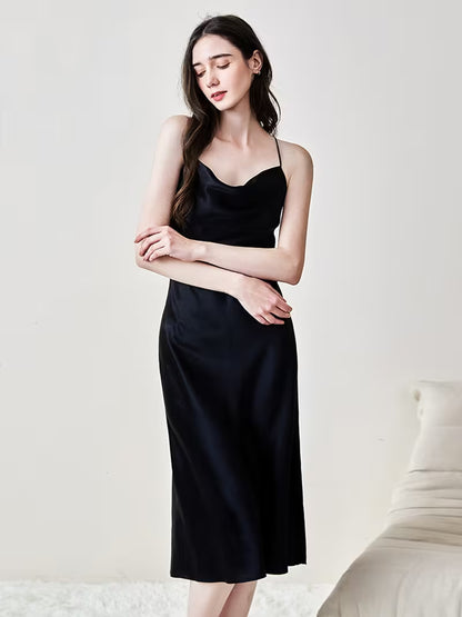 Women's Satin Spaghetti Strap Backless Maxi Slip Nightgown, Soft Stretch Sleep Dress