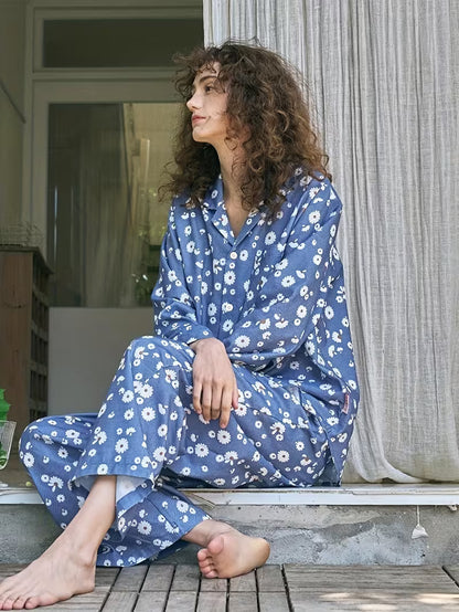 New Women's Pajama Set with Long Sleeves and Pants, Blue Daisy Print Casual Elegant Lounge Wear - Soft Comfortable Fabric