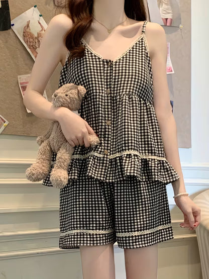 Plaid Lace Cami Dress Women'S Summer Sexy with Chest Pad Sweet Cute Home Wear 2pcs Set