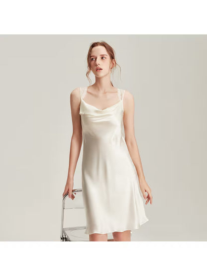 Made of Premium 100% Mulberry with Glossy Satin Texture. Delicate Lace Trimmed Shoulder Straps and Draped Cowl Neck, Ruffle Hem Delivers Loose Comfy Fit for Nightwear and Indoor Loungewear