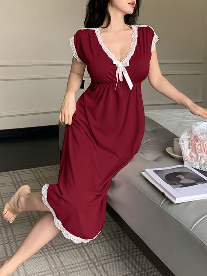 Elegant Ladies' Solid Color Nightgown with Lace Trim And a V-Neck, Sleeveless Design