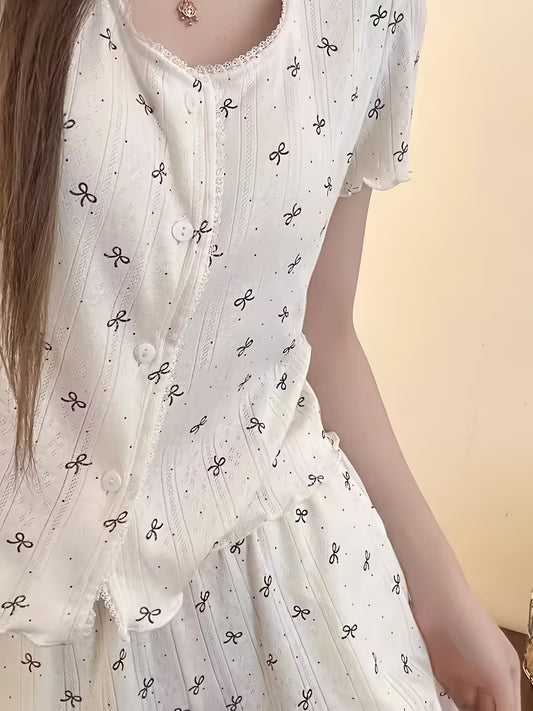 Korean Cute Lace Short-Sleeved Shorts Summer Can Wear Sweet High-End Butterfly Polka Dot Print Pajamas Women