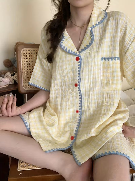 [Pajama Set 2pcs] Cute Summer Yellow Plaid Shirt Short Sleeve Shorts Pajama Set for Women, 2pcs Loose Thin Women's Pajamas and Loungewear, 4 Sizes Available