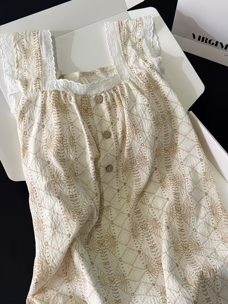 In-Stock Premium Style with Padding Nightgown Women's Summer New Sweet Girly Lace Ruffled Comfortable Mid-Length Dress Summer Thin Breathable Sleeveless Home Dress