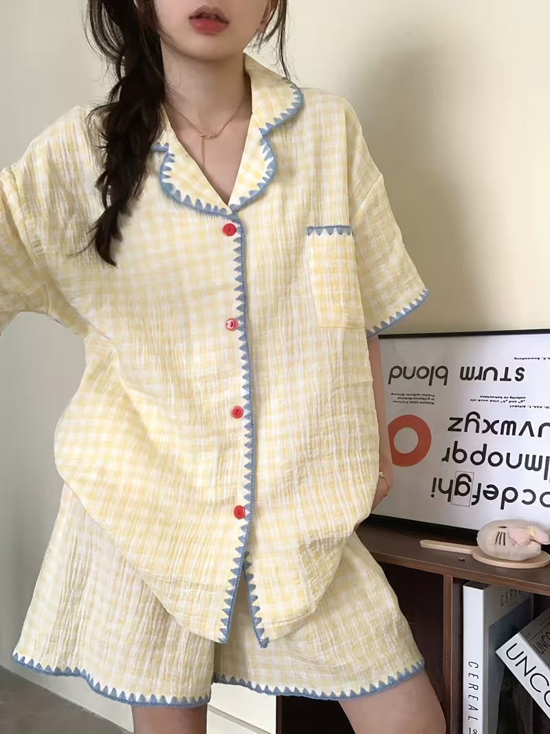 [Pajama Set 2pcs] Cute Summer Yellow Plaid Shirt Short Sleeve Shorts Pajama Set for Women, 2pcs Loose Thin Women's Pajamas and Loungewear, 4 Sizes Available