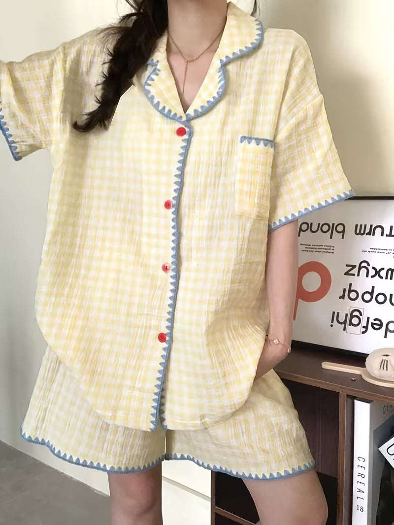 [Pajama Set 2pcs] Cute Summer Yellow Plaid Shirt Short Sleeve Shorts Pajama Set for Women, 2pcs Loose Thin Women's Pajamas and Loungewear, 4 Sizes Available