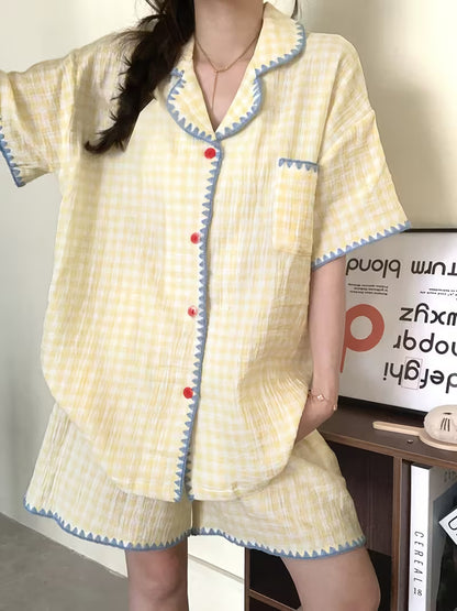 [Pajama Set 2pcs] Cute Summer Yellow Plaid Shirt Short Sleeve Shorts Pajama Set for Women, 2pcs Loose Thin Women's Pajamas and Loungewear, 4 Sizes Available
