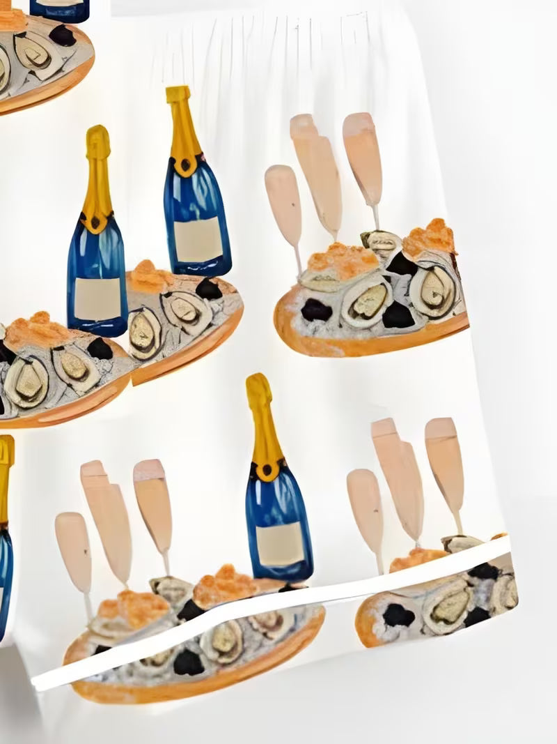 Champagne Ode Party Print Short-Sleeve Buttoned Shirt And Shorts Set, Festive Blue And Golden Wine Bottle And Clam Set Two-Piece Women'S Pajamas