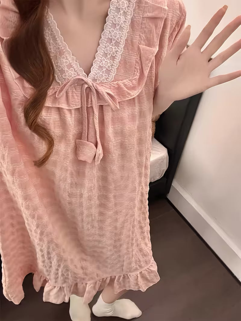 Bust Pad Plaid Nightgown Women'S Summer Short Sleeve Sweet Cute Princess Style Lace Home Wear