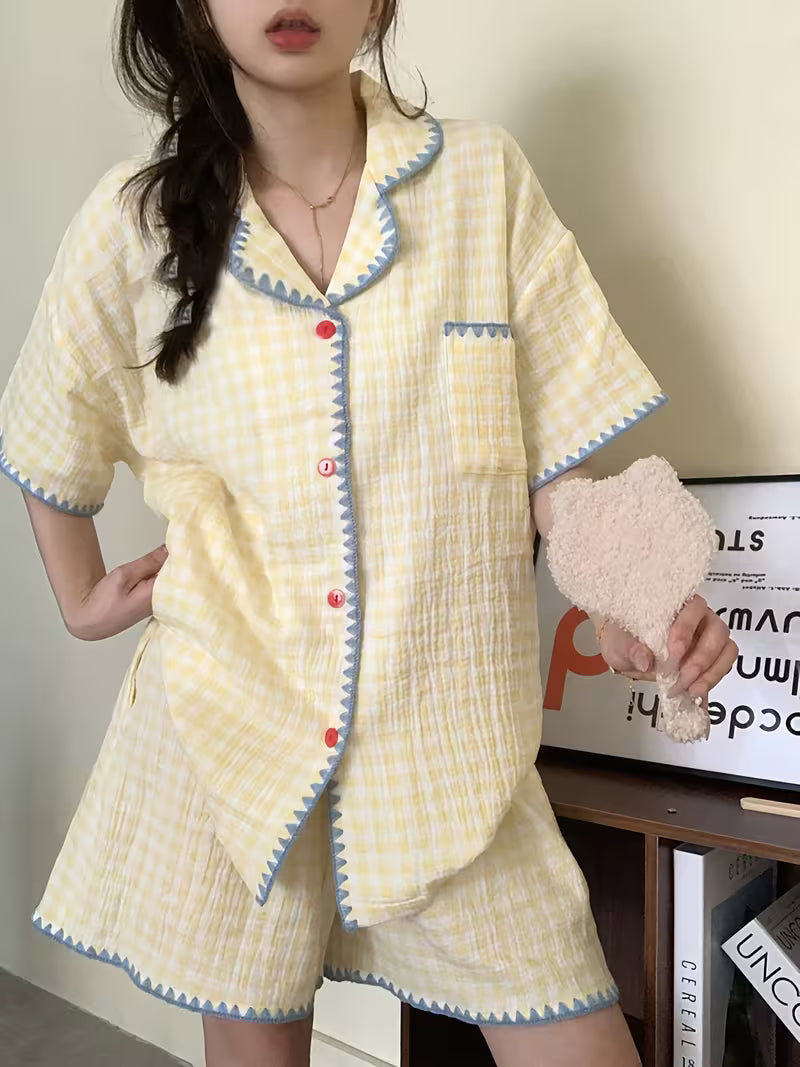 [Pajama Set 2pcs] Cute Summer Yellow Plaid Shirt Short Sleeve Shorts Pajama Set for Women, 2pcs Loose Thin Women's Pajamas and Loungewear, 4 Sizes Available