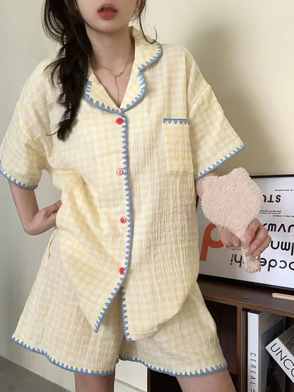[Pajama Set 2pcs] Cute Summer Yellow Plaid Shirt Short Sleeve Shorts Pajama Set for Women, 2pcs Loose Thin Women's Pajamas and Loungewear, 4 Sizes Available