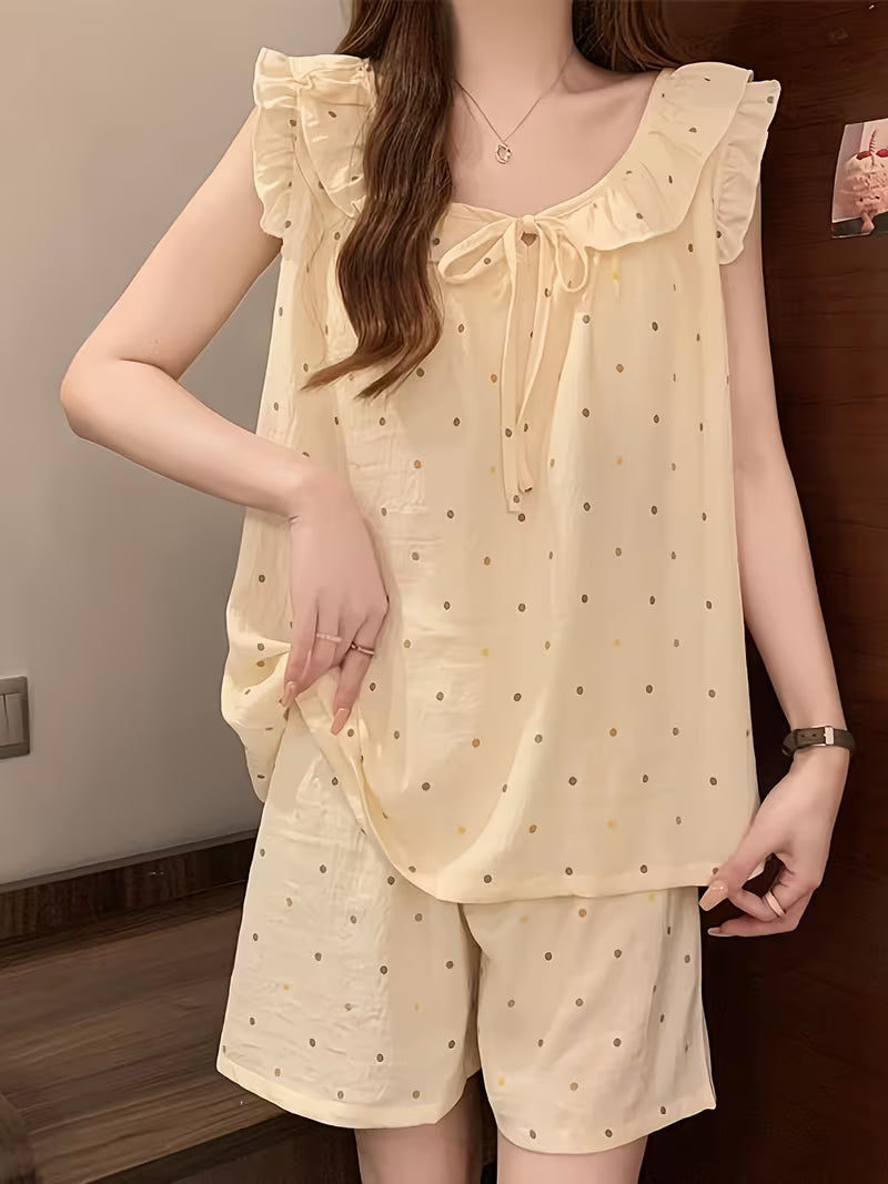 Women'S Pajamas, Summer Thin Style, Small Flying Sleeves, Cute Polka Dot, Sleeveless Home Wear, Two-Piece Set