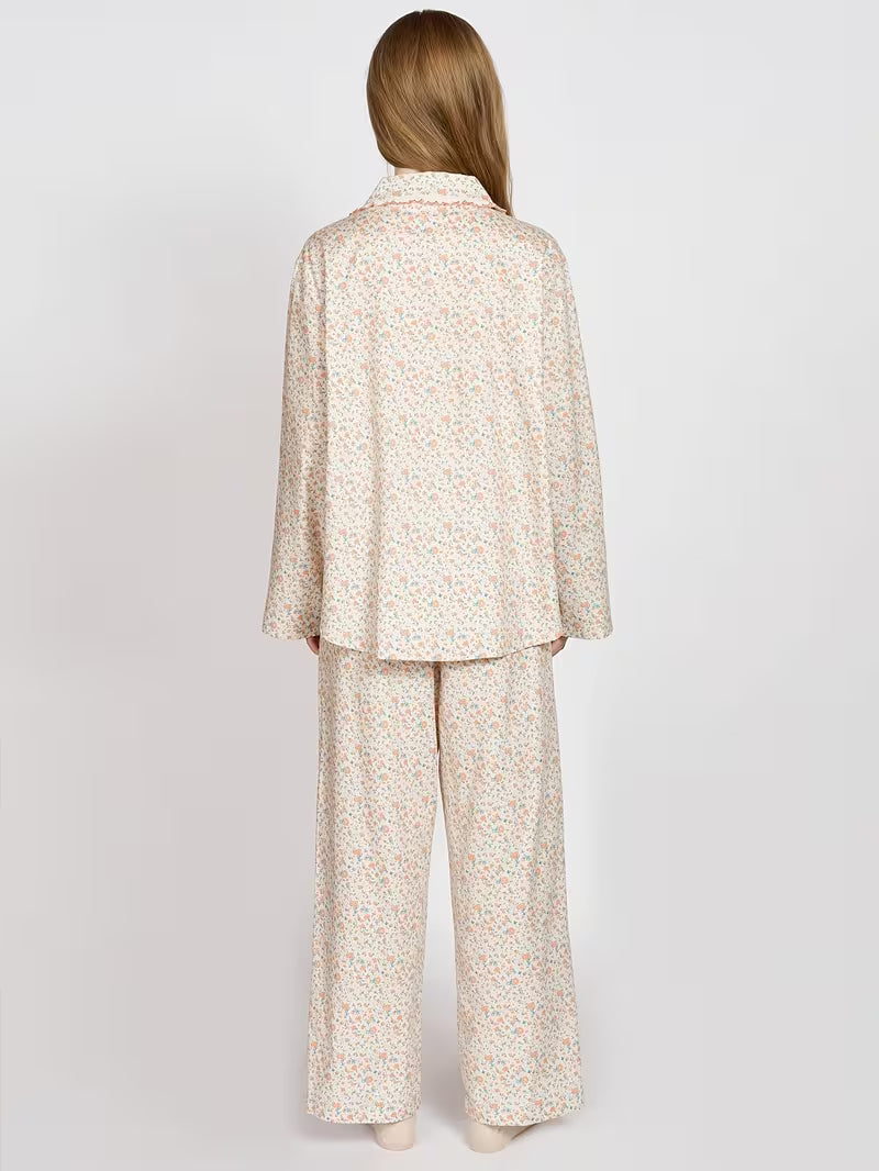 Women's Pajama Set 2026 New Floral Print Collared Lace Trim Lightweight 2pcs Set, Fashionable Elegant Long Sleeve Long Pants