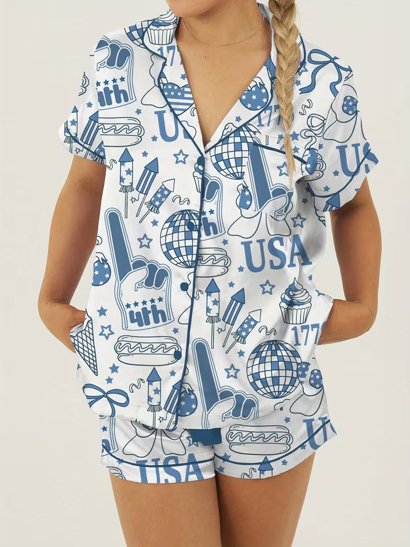 Women's Independence Day Lounge Set Short Sleeve Lapel Patriotic Elements Print Shirt Shorts Sleepwear Sets