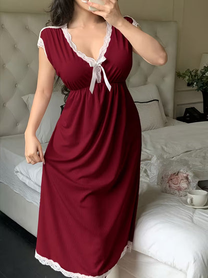 Elegant Ladies' Solid Color Nightgown with Lace Trim And a V-Neck, Sleeveless Design