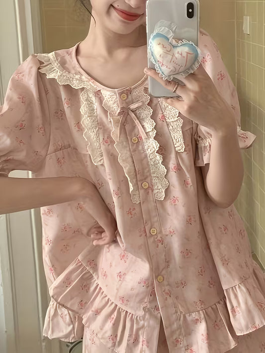 Princess Style Lace Trim Short Sleeve Sleepwear Set with Floral Print for Women, Summer Home Wear Two-Piece Outfit