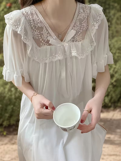 Charming And Adorable Palace Princess Inspired Solid Color Nightgown with Lace Trim And Bow for Women