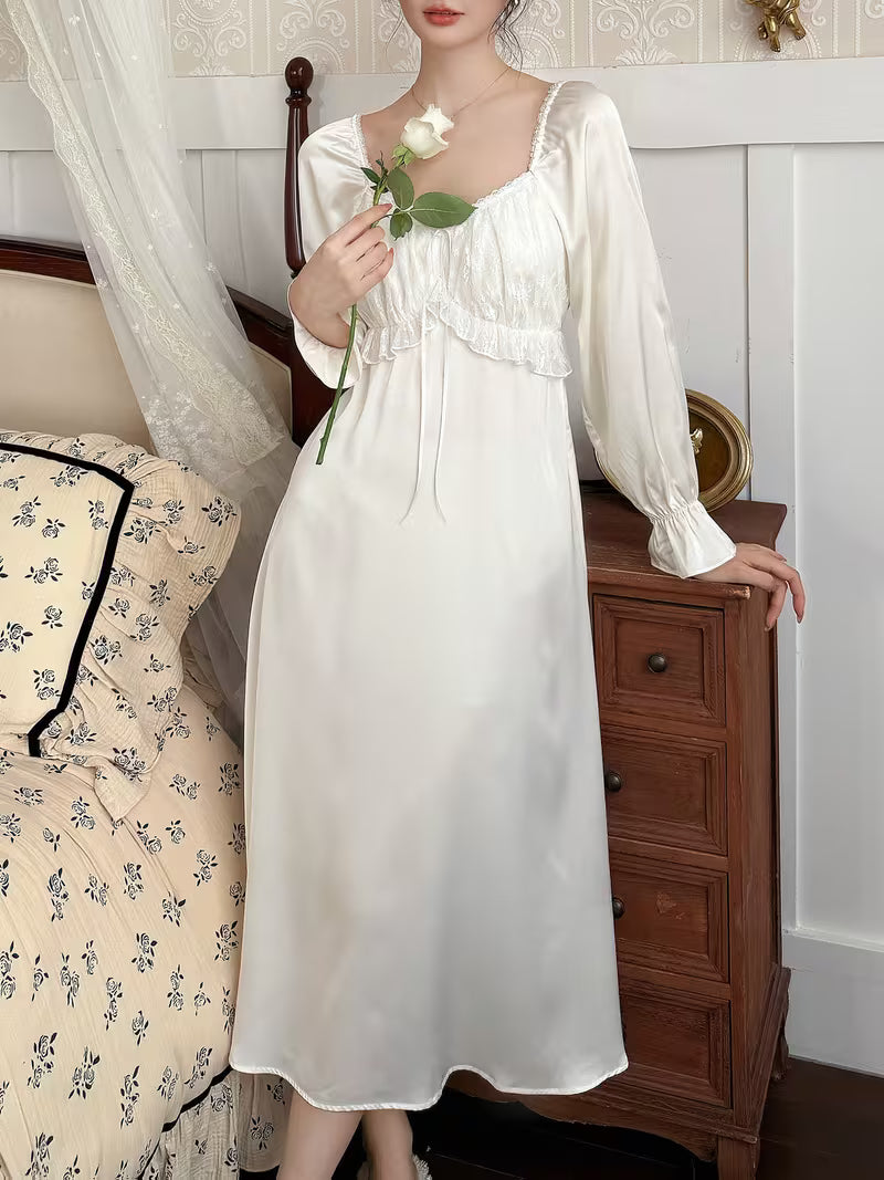 Ningyue Nightgown: A Sweet, Long French-Style Sleep Dress with Lace Details