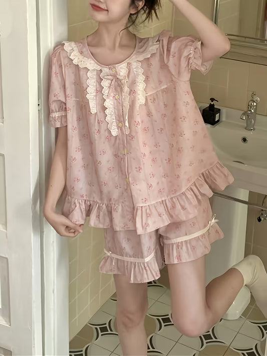 Princess Style Lace Trim Short Sleeve Sleepwear Set with Floral Print for Women, Summer Home Wear Two-Piece Outfit