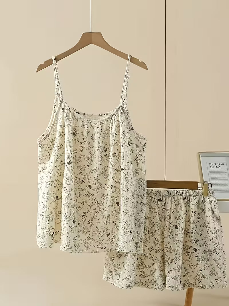 Vintage Print Seersucker Pajamas for Women, Summer 2026 New Arrival Camisole And Casual Shorts Loungewear Set