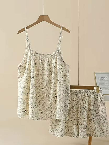 Vintage Print Seersucker Pajamas for Women, Summer 2026 New Arrival Camisole And Casual Shorts Loungewear Set