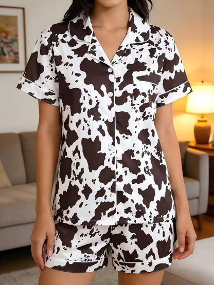 Cow Print Digital Print Loungewear Set Casual Short-Sleeve Cardigan Pajama Two-Piece Set