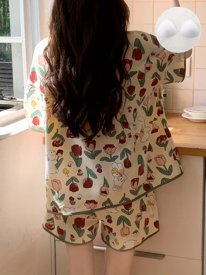 Women's Summer Sleepwear Pajama Set, High-Value Short Sleeve Loose Fit Plus Size with Built-in Bra Pads
