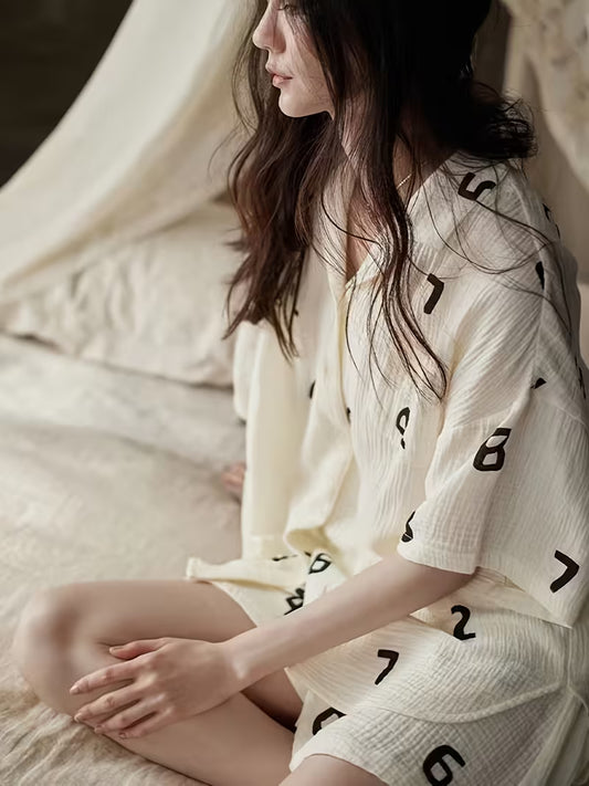 Ins-style Letter Print Short Sleeve Pajamas for Women, New Summer Cardigan and Shorts Loungewear Casual Set