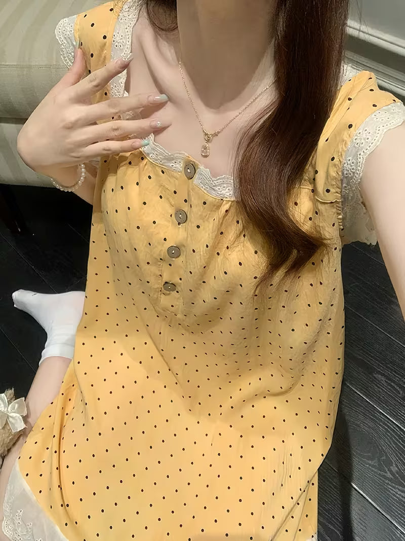 Women's Summer Sweet Korean Style Lace Trim Princess Sleeveless Camisole Nightgown with Chest Pads