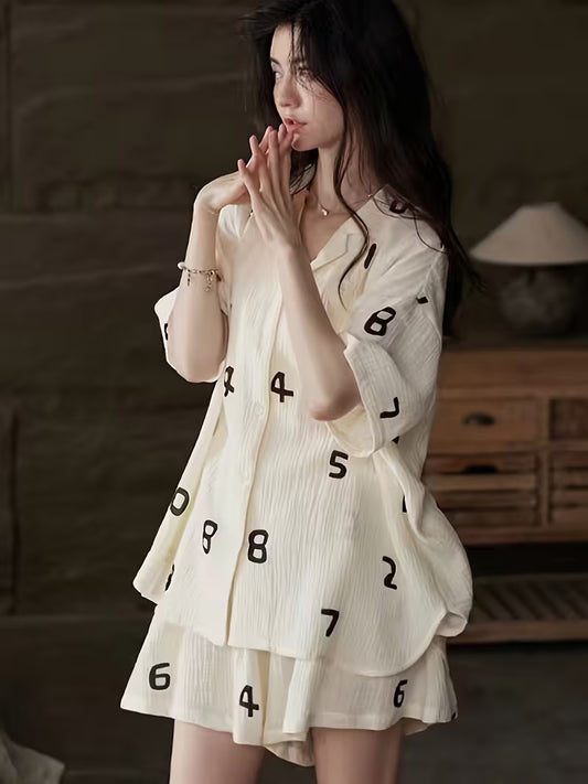 Ins-style Letter Print Short Sleeve Pajamas for Women, New Summer Cardigan and Shorts Loungewear Casual Set