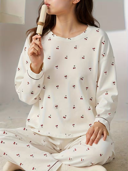Comfortable Women's Pajama Set | Spring & Autumn Cherry Pattern Loungewear