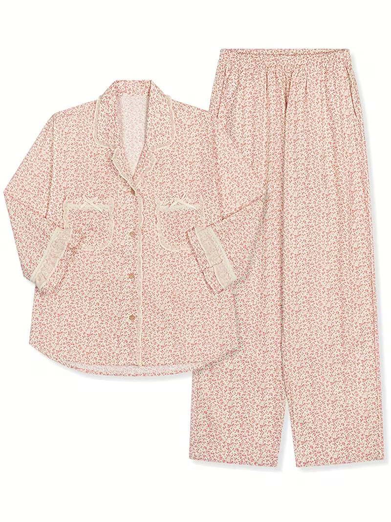 2pcs Women's Long Sleeve Pants Pajama Set, Elegant and Comfortable Breathable New Casual Loungewear with Full-Body Print Robe Top and Matching Pants