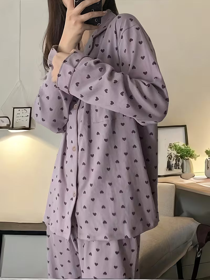 Cozy Heart Print Pajamas Set-Soft Purple Top V-Neck Long Sleeve Top with Comfy Elastic Waist Pants-Relaxing Loungewear