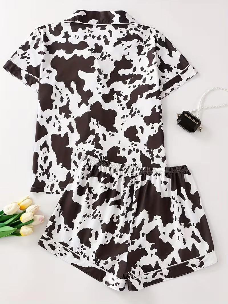 Cow Print Digital Print Loungewear Set Casual Short-Sleeve Cardigan Pajama Two-Piece Set