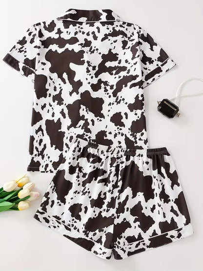 Cow Print Digital Print Loungewear Set Casual Short-Sleeve Cardigan Pajama Two-Piece Set