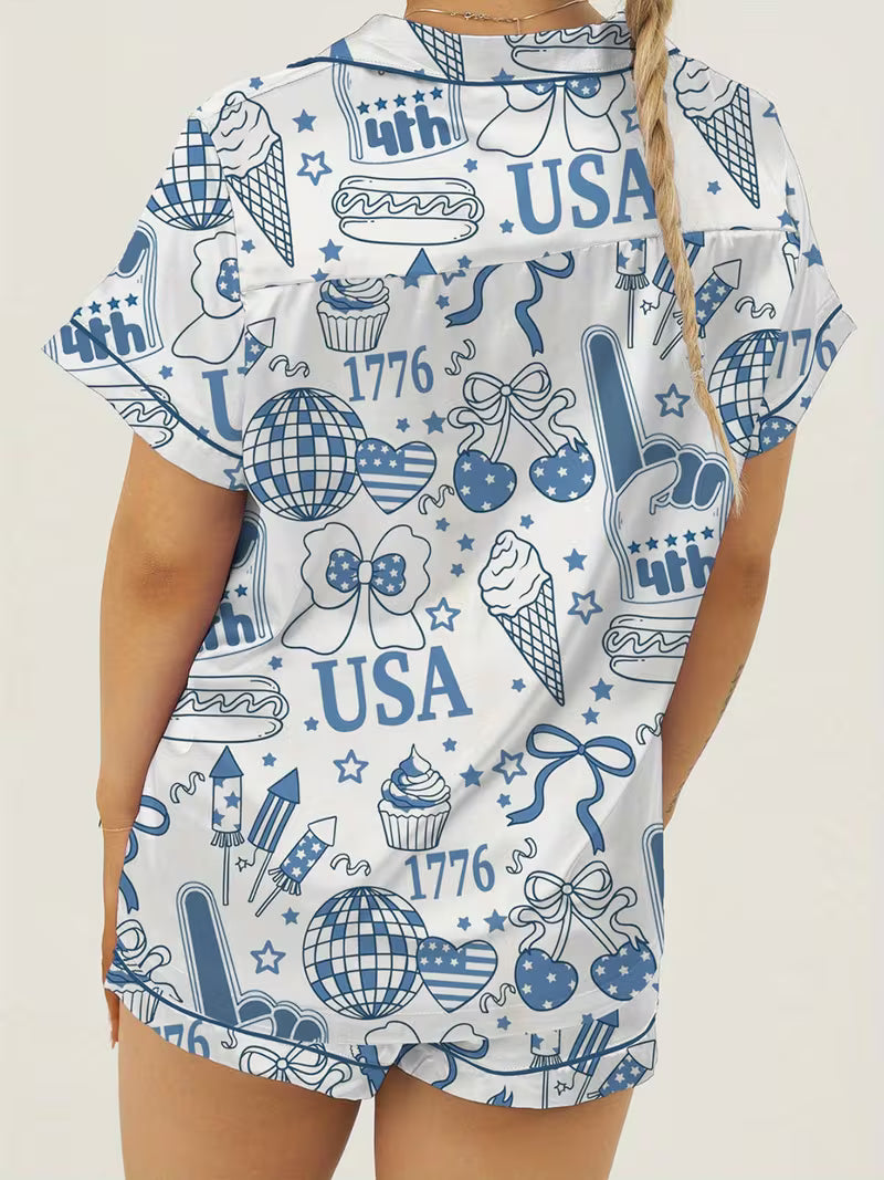 Women's Independence Day Lounge Set Short Sleeve Lapel Patriotic Elements Print Shirt Shorts Sleepwear Sets