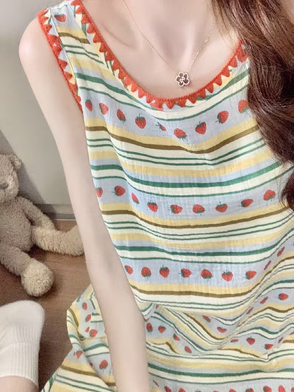Korean Sweet And Lovely Striped Vest Nightdress Women'S Summer Round Neck Sleeveless Suspender Home Wear