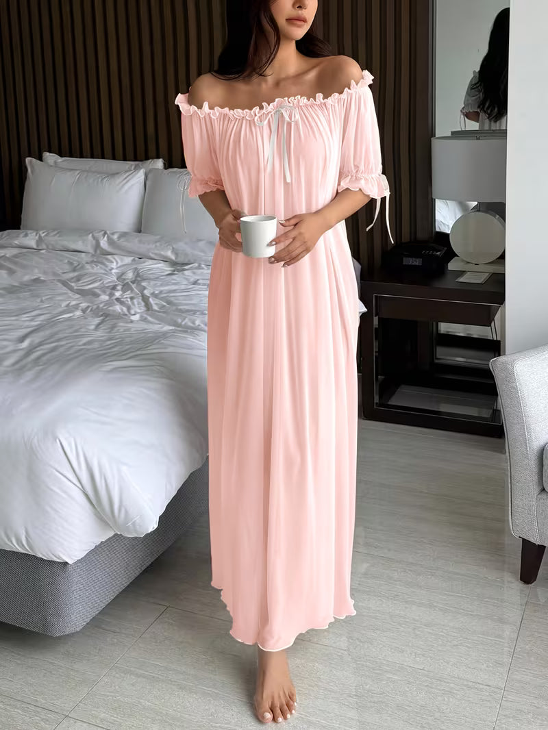 Standard Size Women's All-Season Nightgown, Simple Solid Color, Comfortable and Sexy Off-the-Shoulder Long Style