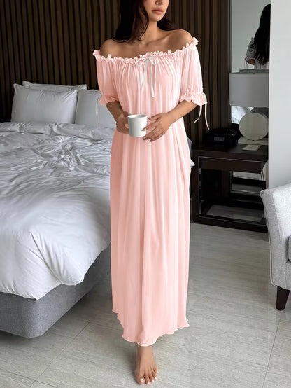 Standard Size Women's All-Season Nightgown, Simple Solid Color, Comfortable and Sexy Off-the-Shoulder Long Style