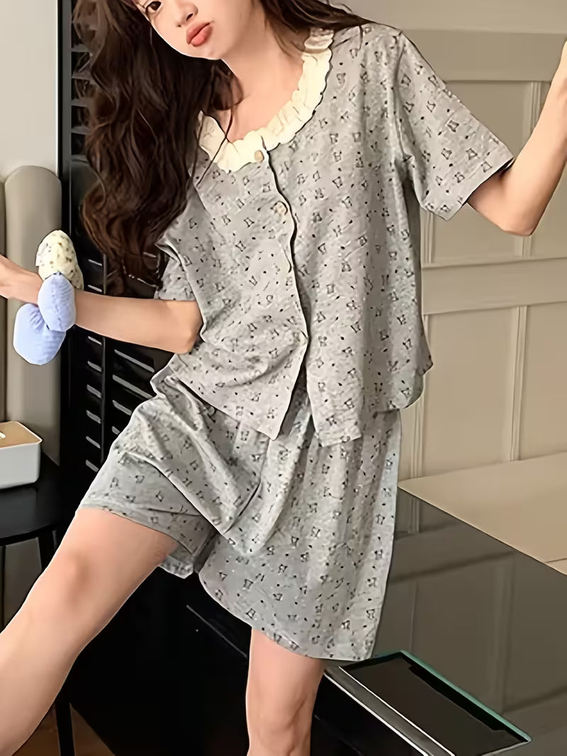 Cute Lace Bear Short Sleeve Shorts Pajama Set for Women, Sweet Summer Cardigan with Round Neck