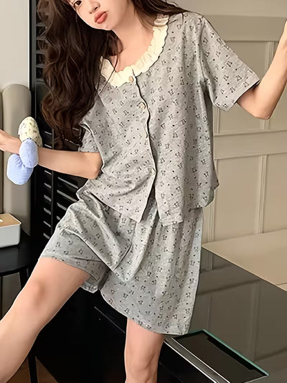 Cute Lace Bear Short Sleeve Shorts Pajama Set for Women, Sweet Summer Cardigan with Round Neck