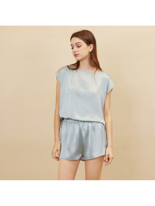 Women'S 100% Mulberry Loungewear Set, Elegant Round Neck Sleeveless Top And Shorts, Noble And Casual Style, Perfect for Sleepwear And Relaxation